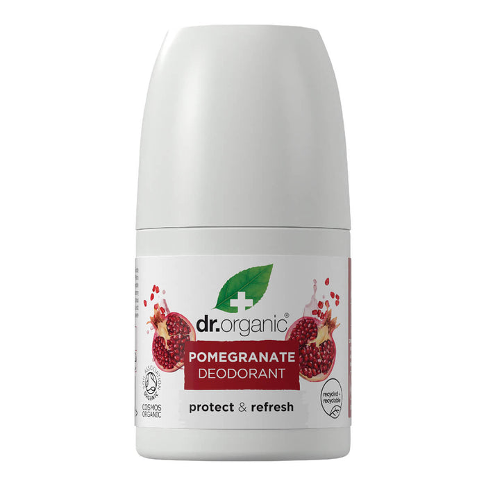 50ml bottle Dr. Organic Pomegranate Roll-On Deodorant, aluminium free, vegan, and cruelty free formula.