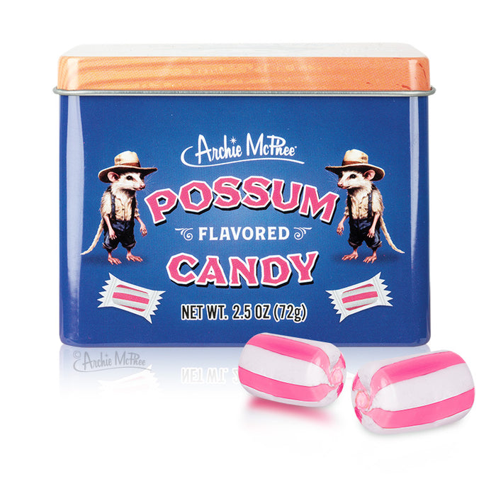 Blue tin labeled Possum Candy, featuring cartoon possums and two striped hard candies in the foreground.