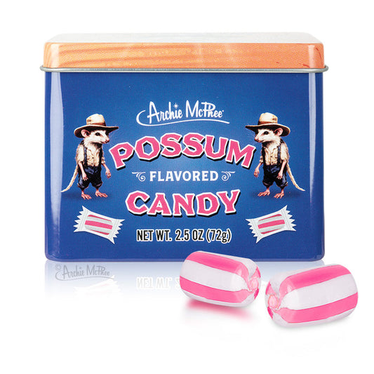 Blue tin labeled Possum Candy, featuring cartoon possums and two striped hard candies in the foreground.