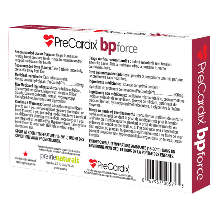 Package Back of Prairie Naturals PreCardix BP Force Blood Pressure Support