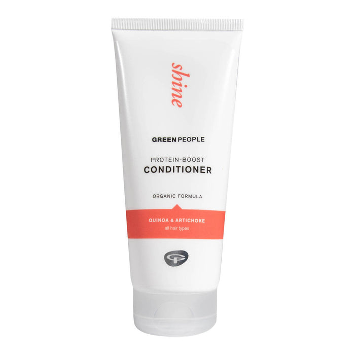 Green People Protein-Boost Conditioner 200ml in white sugar cane plastic tube packaging. Certified organic, quinoa and artichoke formula for all hair types.