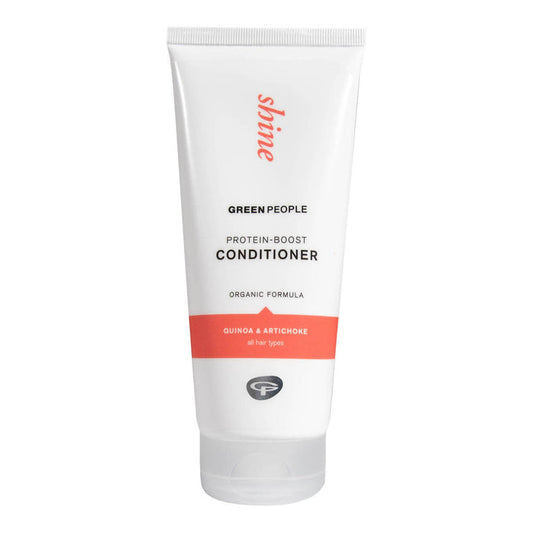 Green People Protein-Boost Conditioner 200ml in white sugar cane plastic tube packaging. Certified organic, quinoa and artichoke formula for all hair types.