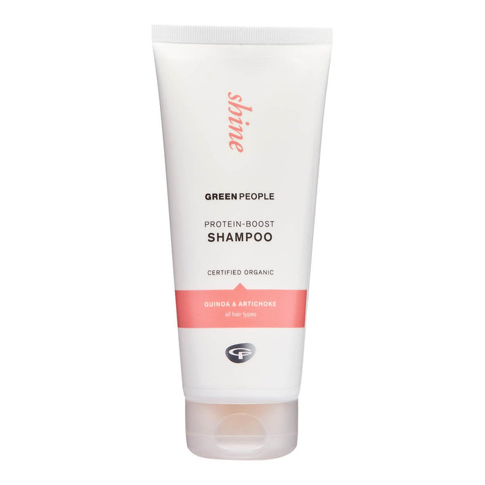 Green People Protein-Boost Shampoo & Shower Wash 200ml in white sugar cane plastic tube packaging. Certified organic, quinoa and artichoke formula for all hair types.