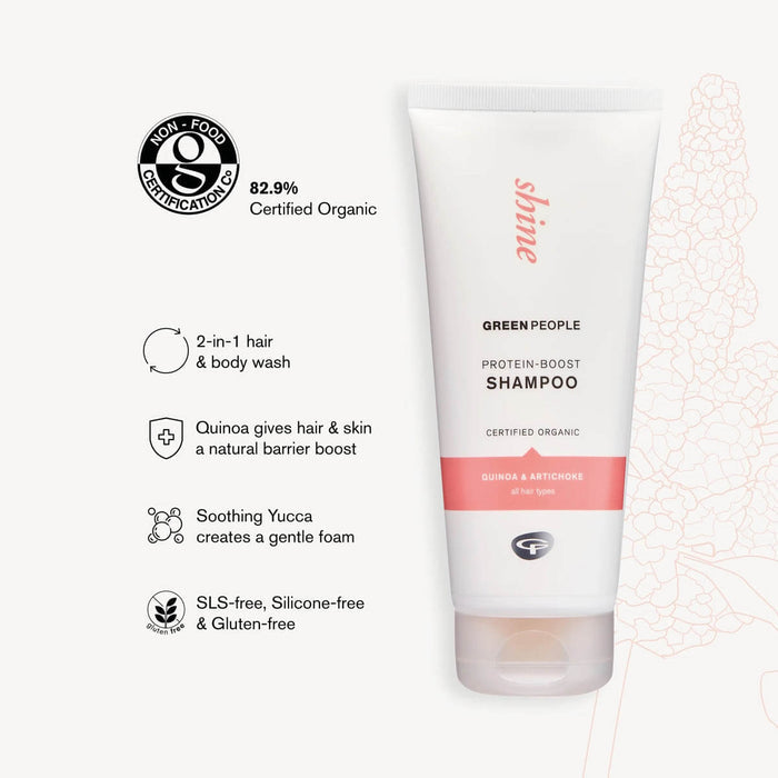 Infographic of Green People protein boost shampoo & shower wash 200ml. Soothing yucca for gentle foam. Quinoa to boost the skin & hair's natural barrier. 82.9% certified organic.