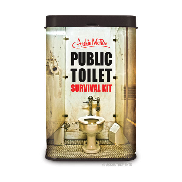 The Public Toilet Survival Kit, featuring a restroom image on the front of the can, contains essentials such as disposable gloves and a toilet seat cover to ensure a hygienic experience.