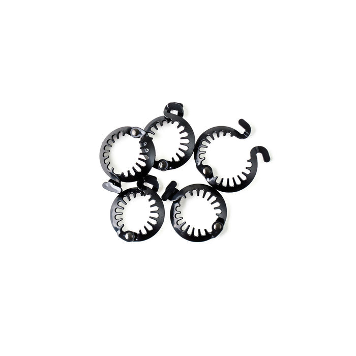 A pack of five black micro puffs made of ABS plastic designed for hairstyles, displayed on a white background.
