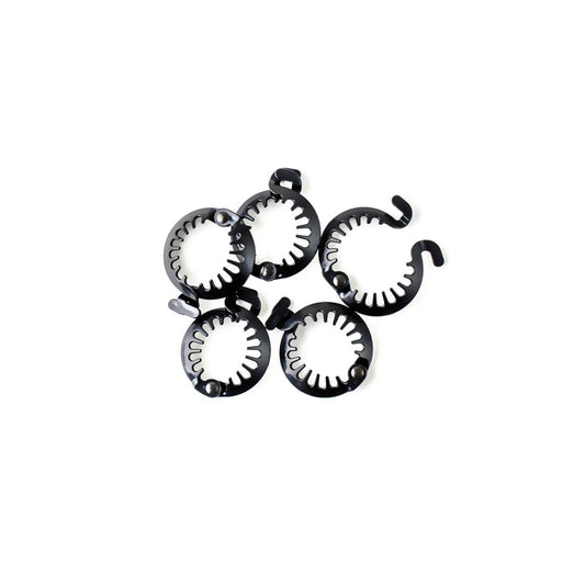 A pack of five black micro puffs made of ABS plastic designed for hairstyles, displayed on a white background.