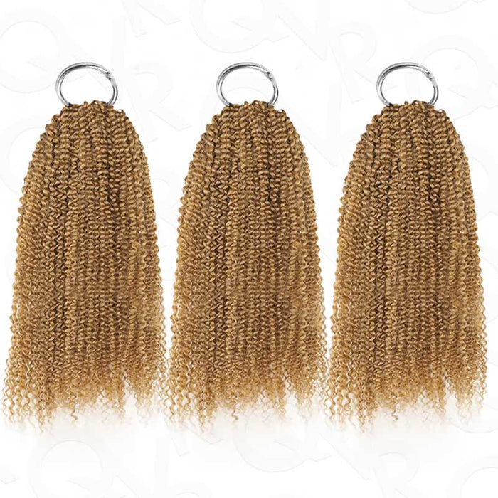 Honey blonde #27 afro kinky curly human hair crochet extensions, machine made, 14-24 inches, pack of three.