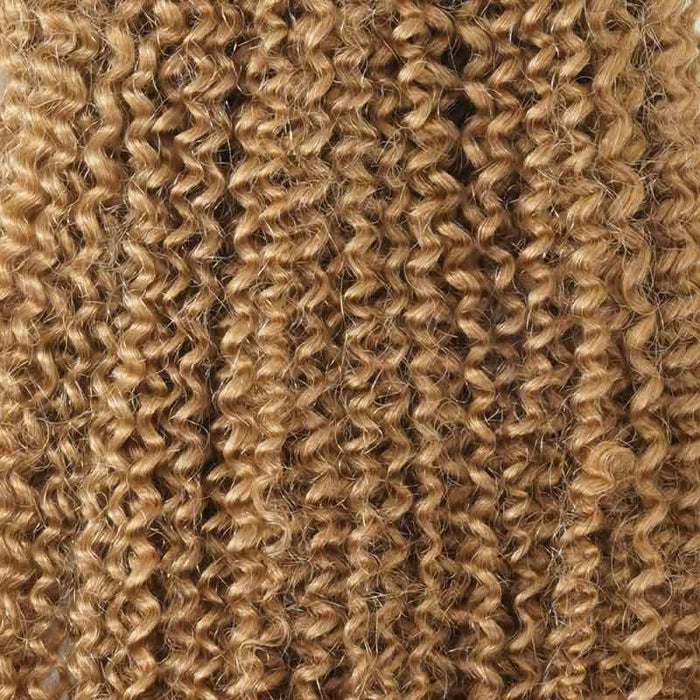 Honey blonde #27 crochet hair afro kinky curly human hair extension with body wave and deep wave textures.