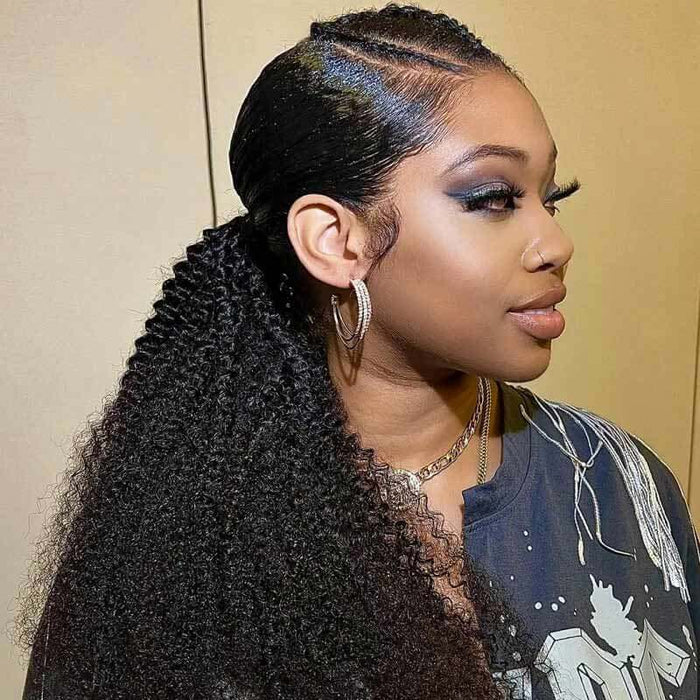 high-volumed low ponytail hairstyle created by human hair ponytail extensions from QVR