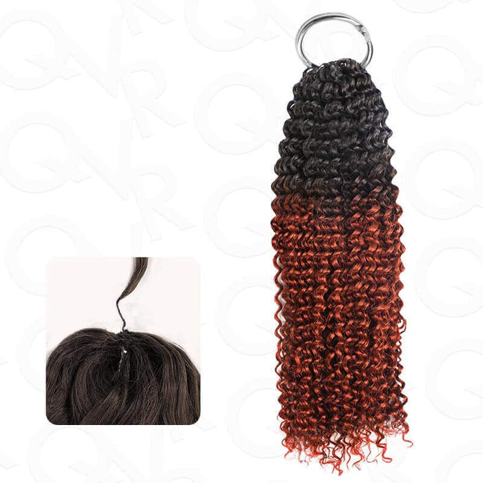 Small kinky curly crochet human hair extension in ombre black and red, machine made, 14-24 inches, durable for over a year.