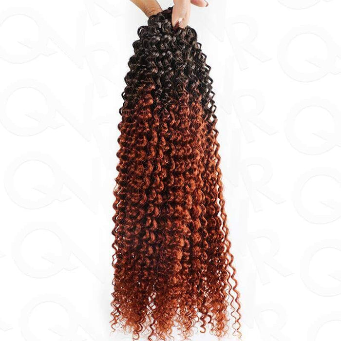 Small kinky curly crochet human hair extension in ombre black and copper shade.