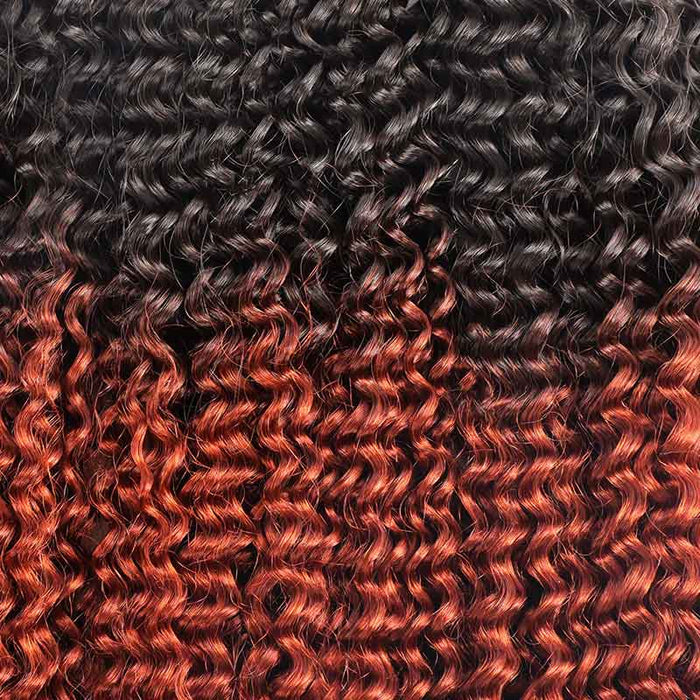 Small kinky curly crochet human hair extension in black to red ombre.