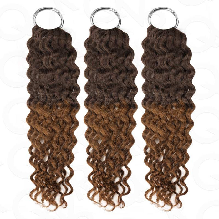 Water wave machine made crochet human hair extensions in ombre brown color, 14-24 inches length, set of three packs.