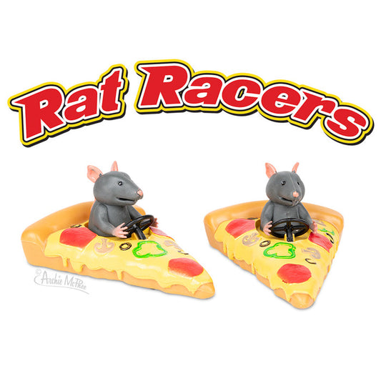 Rat Racers showcases toy rats zooming around in pizza slice vehicles, forming an exciting team of rodent-powered racers. These soft vinyl cars on wheels add a thrilling element of speed and competition to any playtime experience.