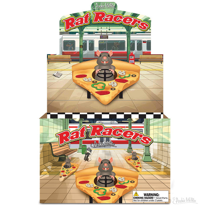 The Rat Racers game display showcases an exciting scene featuring a cartoon rat perched on a pizza slice in a subway station. This soft vinyl figure, complete with wheels, is part of the thrilling rodent-powered racing team, adding excitement to the underground atmosphere.