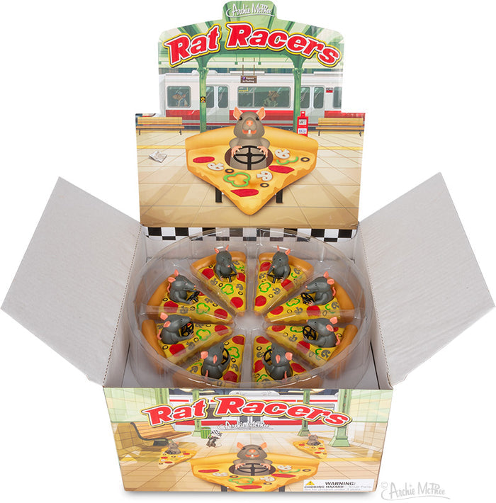 The Rat Racers toy set includes wheeled soft vinyl mouse figures racing on cheese slices as part of a uniquely themed racetrack.
