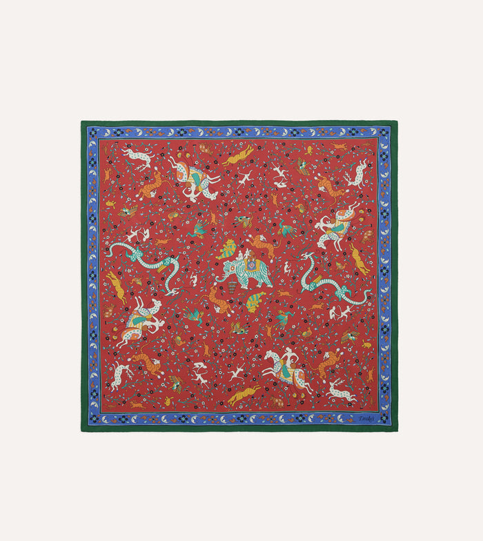 Red Animals and Flowers Print Silk Bandana
