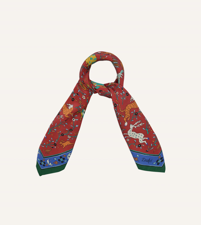 Red Animals and Flowers Print Silk Bandana