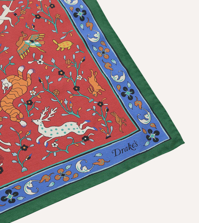 Red Animals and Flowers Print Silk Bandana