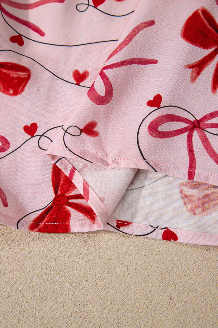 Red Bow Print Long Sleeve Shirt Shorts 2 Pcs Pajama Set 🇺🇸