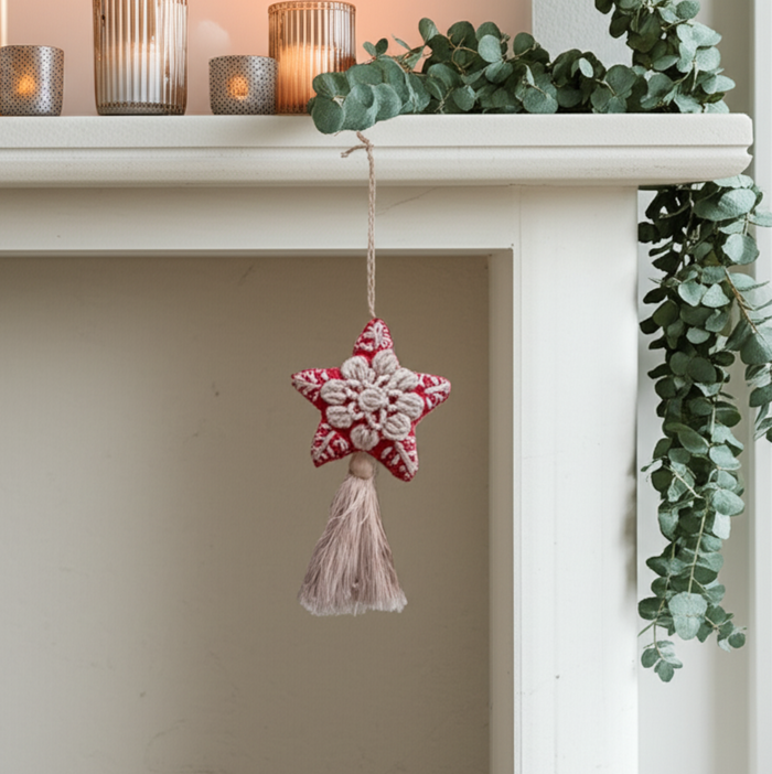 Red Star Embroidered Felted Wool Handmade Ornament - Mexico