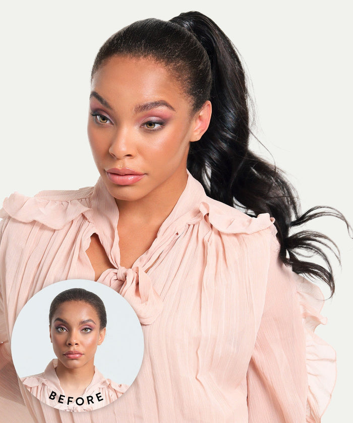 A woman with long, wavy black hair in a high ponytail wears a pink ruffled blouse, with an inset showing her shorter natural hair.