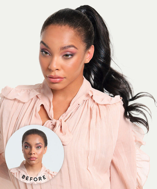 A woman with long, wavy black hair in a high ponytail wears a pink ruffled blouse, with an inset showing her shorter natural hair.