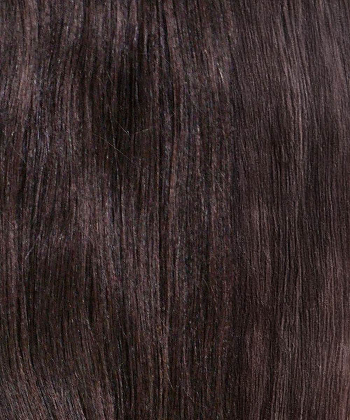 Close-up of smooth, natural black hair with subtle highlights, showcasing the natural look of Perfect Locks Relaxed Straight Clip-In Ponytail Extensions.#color_natural-black-(1B)