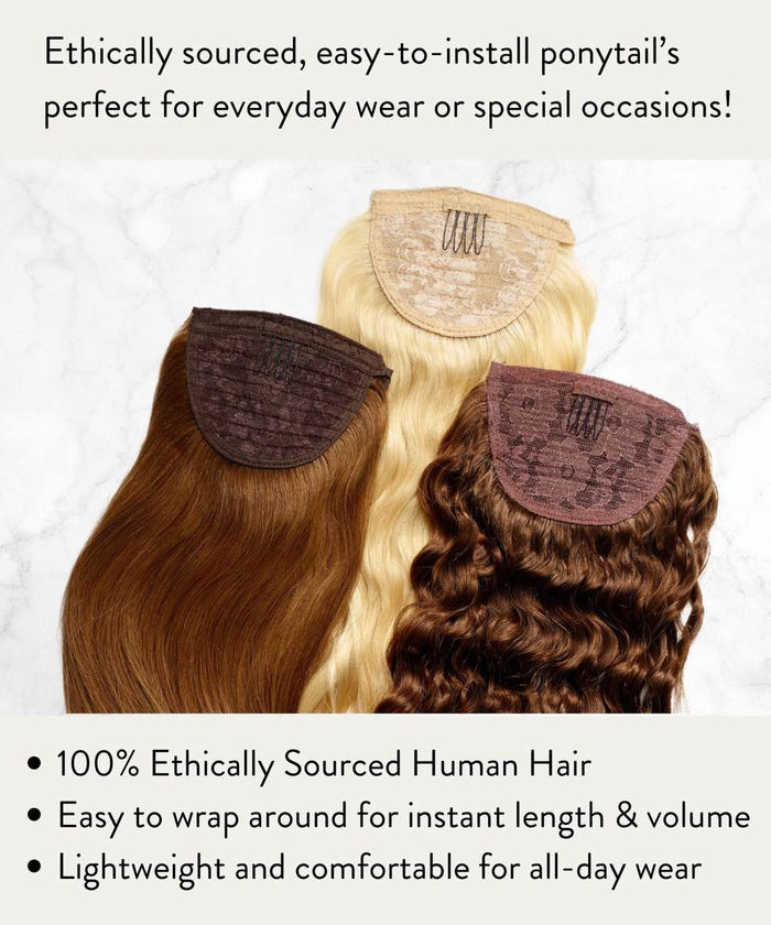 Three Perfect Locks Relaxed Straight Clip-In Ponytail Extensions on a marble surface with text about ethical sourcing, easy use, and light weight.