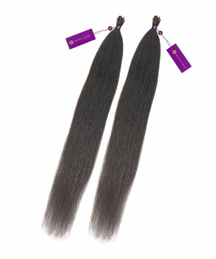 Two bundles of straight, dark hair extensions with purple tags at the top, perfect for adding length and volume on white background.