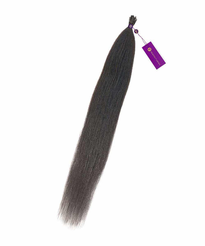 A bundle of straight, dark hair tied at the top with a small band and purple tag. Hair tapers downward, looking silky.