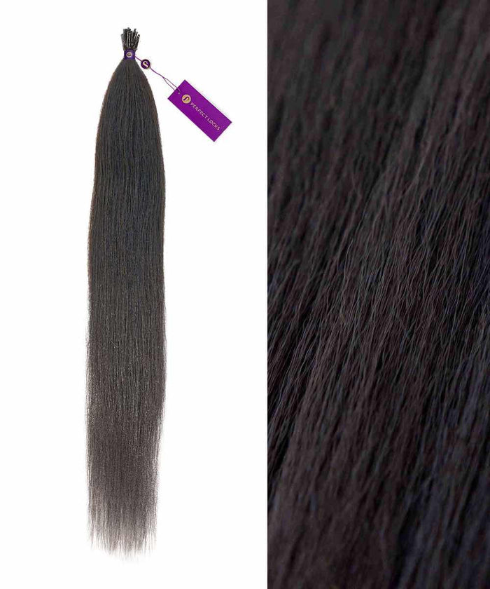 A bundle of silky, long, straight dark brown hair extensions with a purple tag at the top; close-up shows smooth, fine texture.