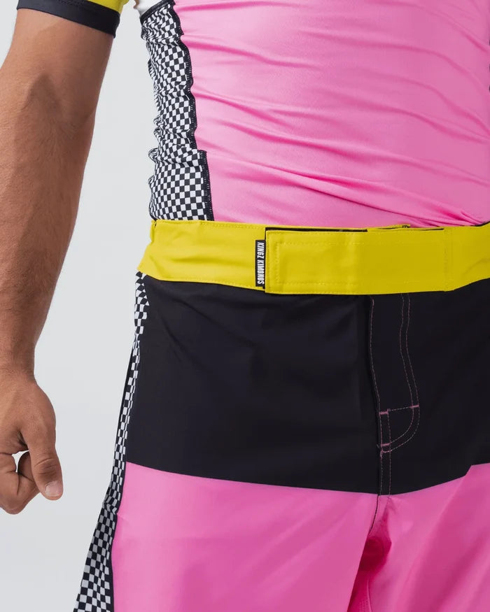 Kingz Retro Shorts Hot Pink Black Yellow - Close Up Waistband Detail KINGZ KIMONOS White Text Yellow Elastic Waistband Black Upper Panel Pink Contrast Stitch Accent Checkerboard Left Side Insert Hot Pink Lower Panel Color Block Design Men's No-Gi BJJ Retro Collection [color:Hot Pink/Retro]