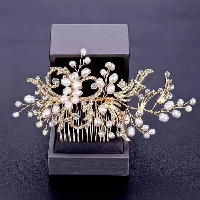 Wedding Hair Accessories -  Natural Pearl and Crystal Bridal Hair Comb - Gold