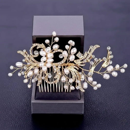 Wedding Hair Accessories -  Natural Pearl and Crystal Bridal Hair Comb - Gold