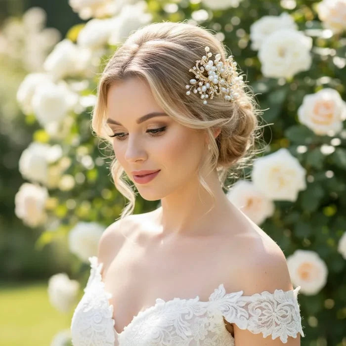 Wedding Hair Accessories -  Natural Pearl and Crystal Bridal Hair Comb - Gold