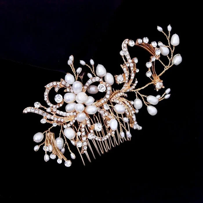 Wedding Hair Accessories -  Natural Pearl and Crystal Bridal Hair Comb - Gold