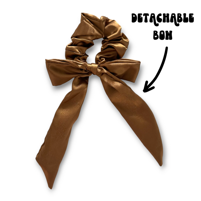 Chocolate brown satin scrunchie with a detachable matching bow.