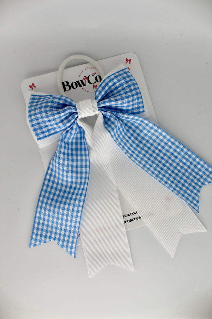 School Bow Light Blue Gingham Classic Tail Bow - Elastic