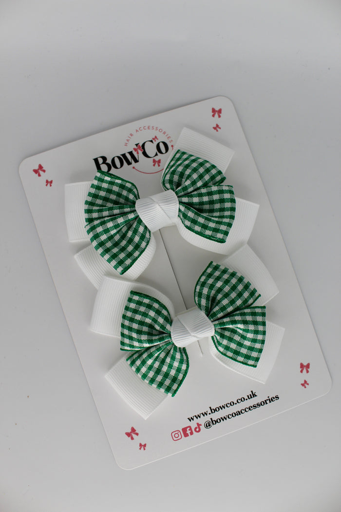 School Green Gingham Layer Bow Set - Clip