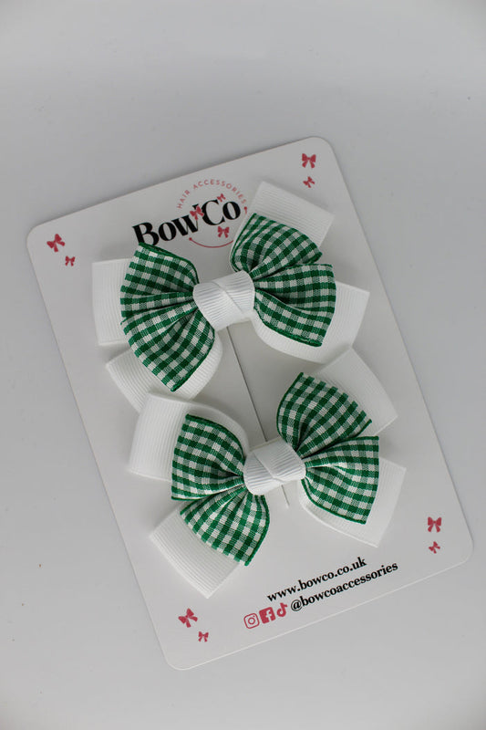 School Green Gingham Layer Bow Set - Clip