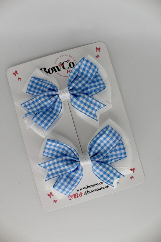 School Light Blue Bow Gingham Double Tail Bow Set - Clip