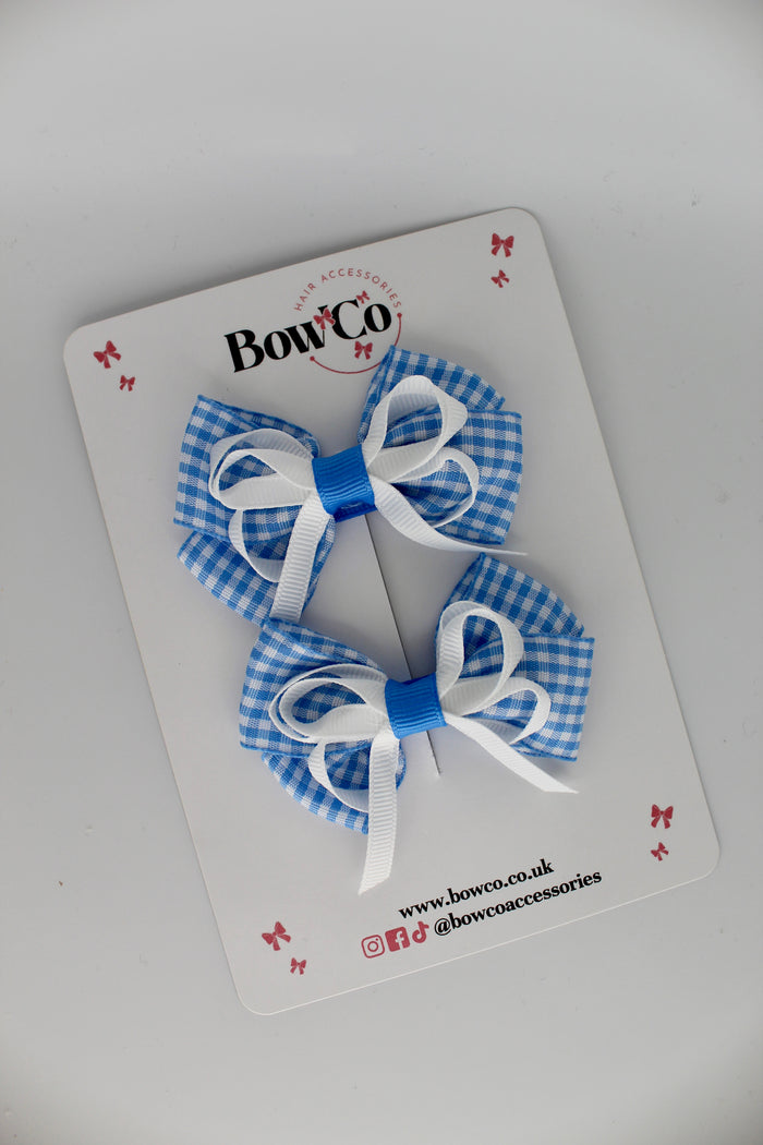 School Light Blue Gingham Double Bow Set - Clip