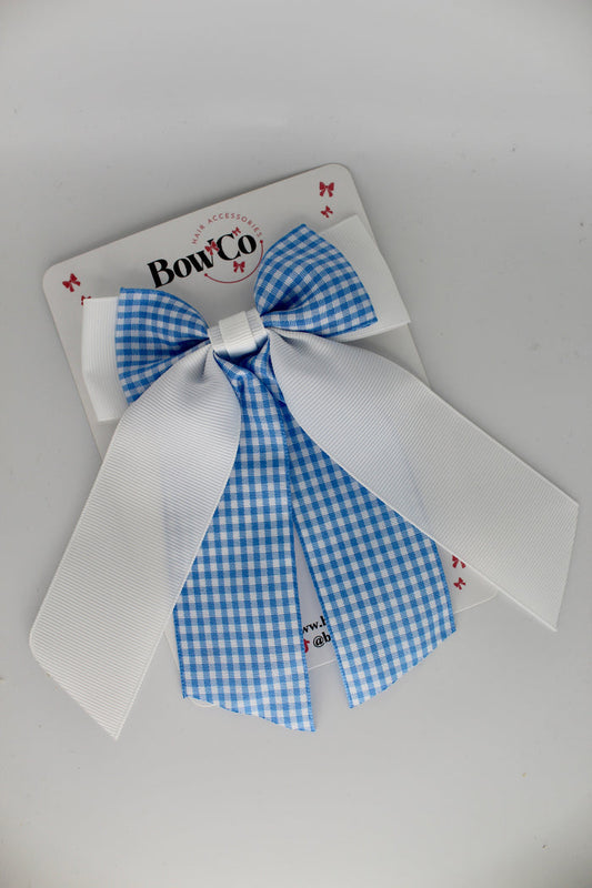 School Light Blue Gingham Double Layer Tail Bow - Clip
