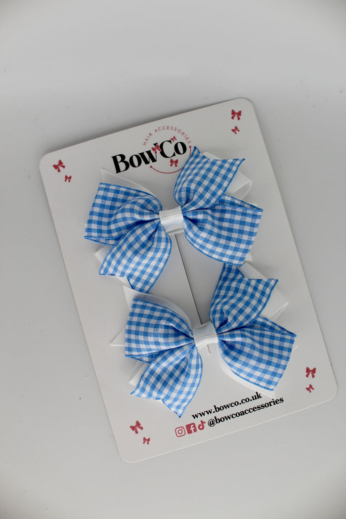 School Light Blue Gingham Layer Tail Bow Set - Clip
