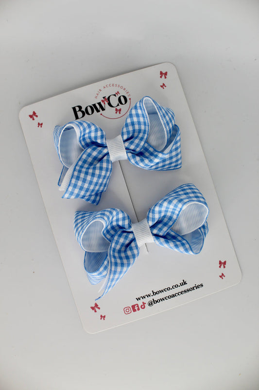 School Light Blue Gingham Loop Bow Set - Clip
