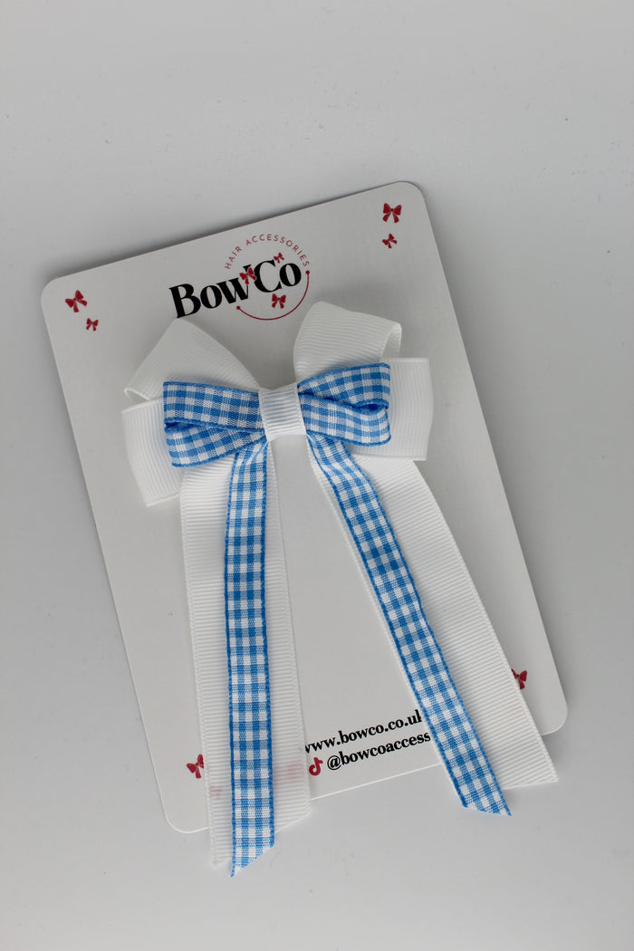 School Light Blue Gingham Loop Tail Bow Clip