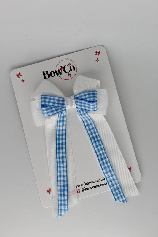 School Light Blue Gingham Loop Tail Bow Clip