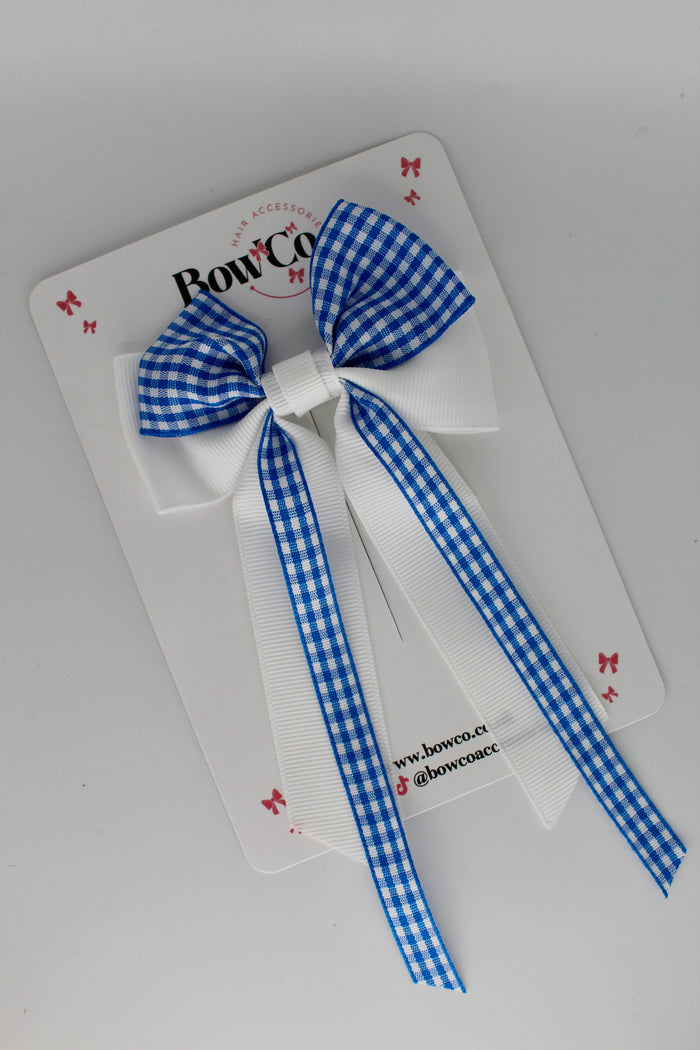 School Royal Blue Gingham Streamer Tail Bow - Clip